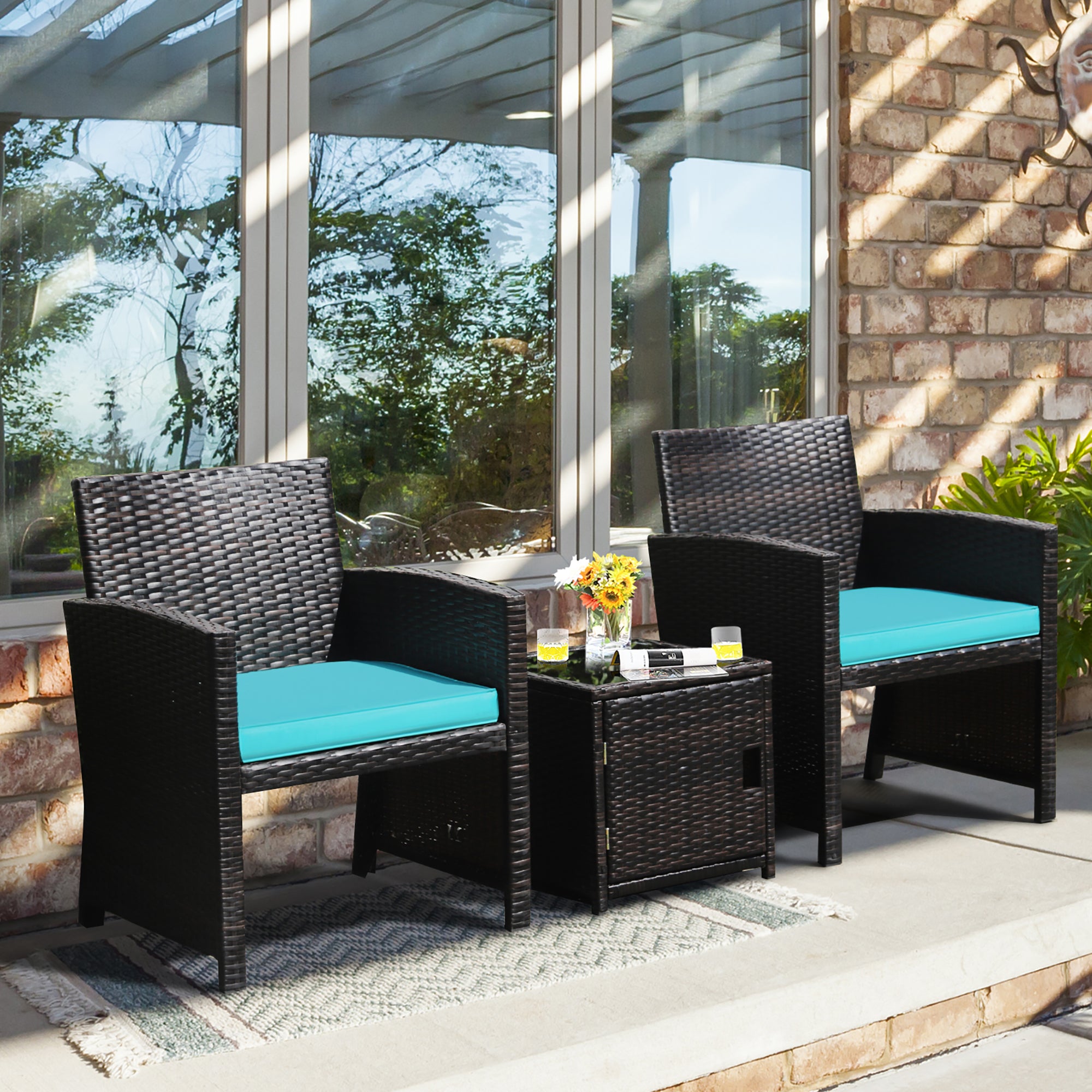  3 Piece Brown Wicker Chair Set with Storage Table - Turquoise - Bonton