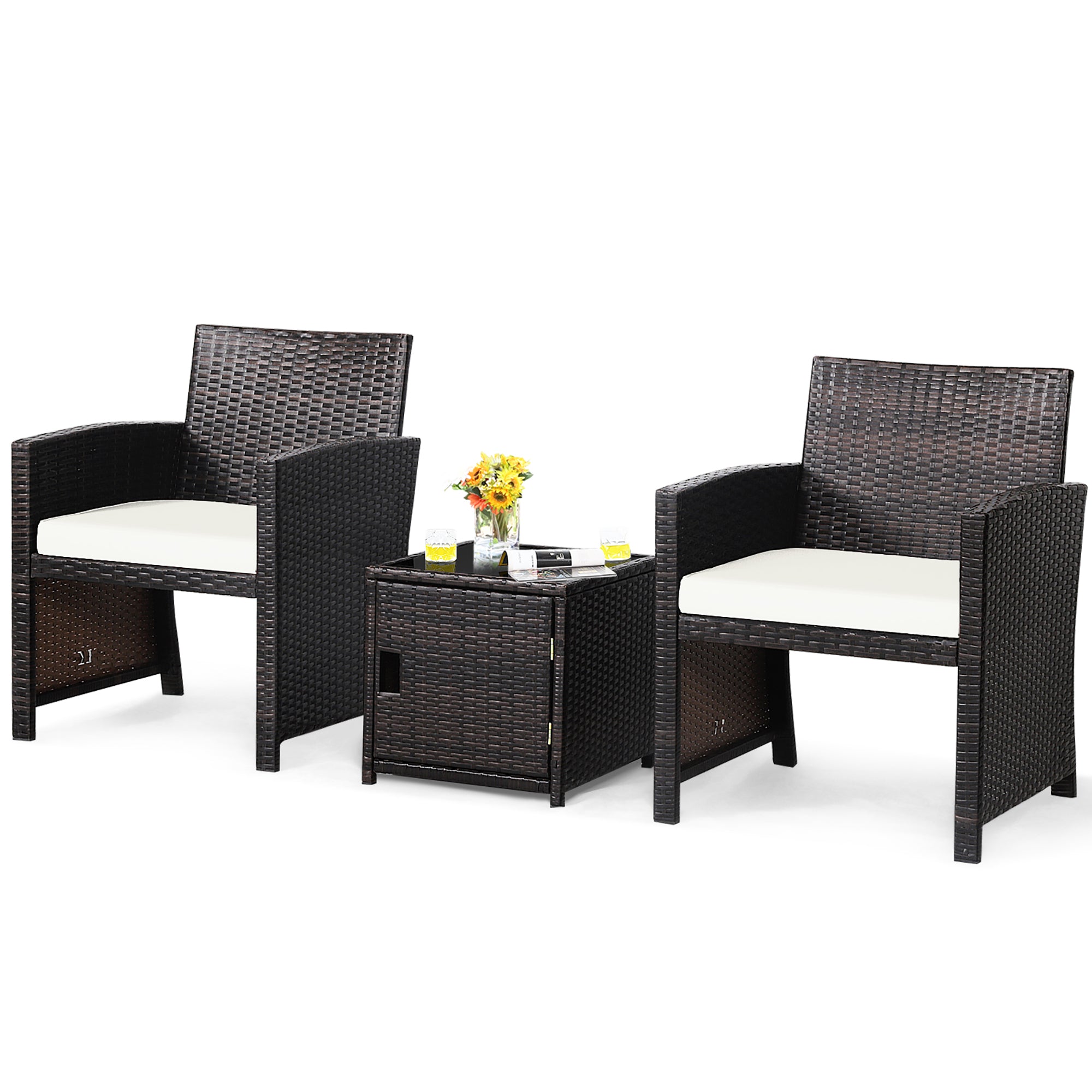  3 Piece Brown Wicker Chair Set with Storage Table - Red - Bonton