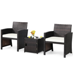 3 Piece Brown Wicker Chair Set with Storage Table