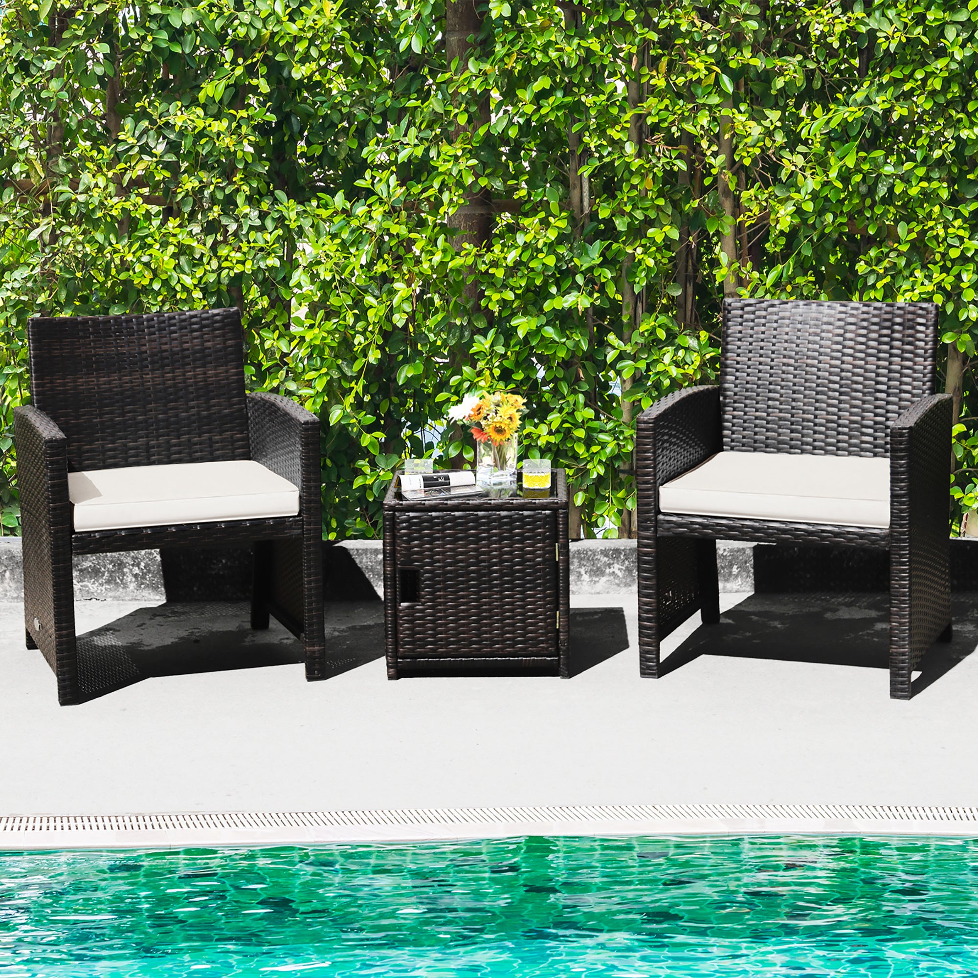  3 Piece Brown Wicker Chair Set with Storage Table - Off White - Bonton