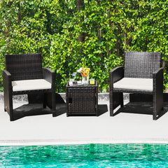 3 Piece Brown Wicker Chair Set with Storage Table