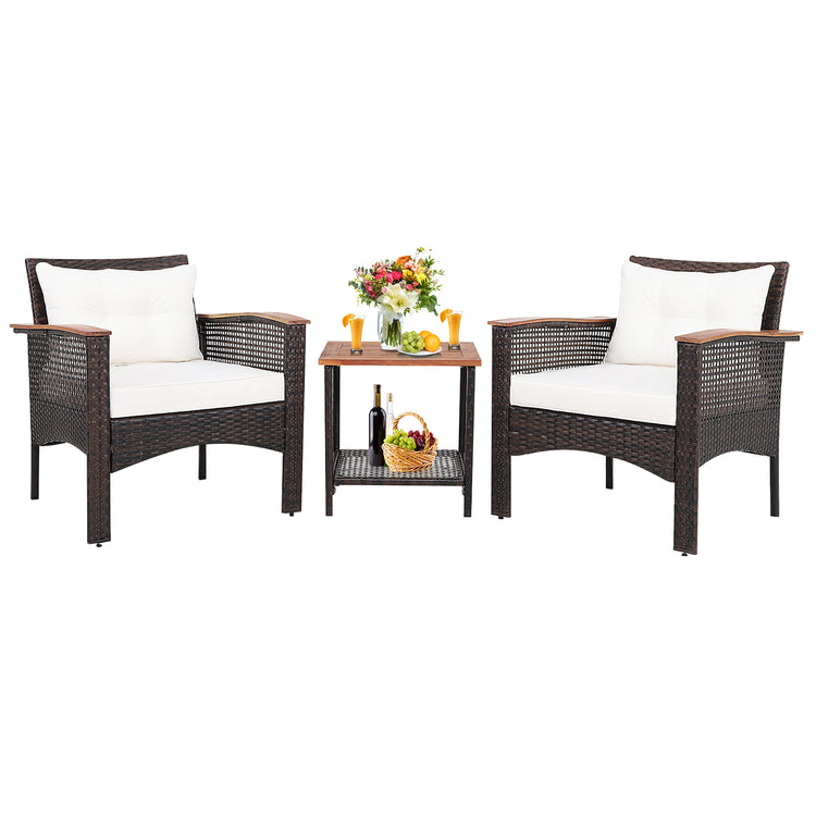 3 Piece Rattan and Acacia Wood Chair Set with Table