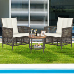 Patiojoy 3 Piece Rattan Cushioned Chair Set with Wood Table Top