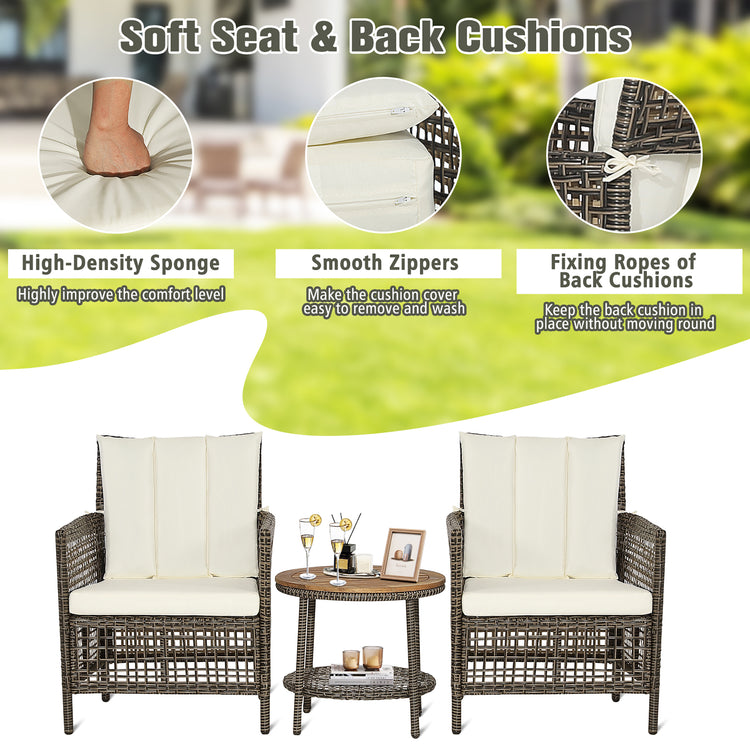 Patiojoy 3 Piece Rattan Cushioned Chair Set with Wood Table Top