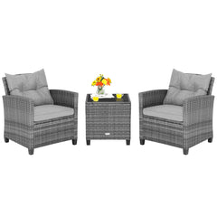 3 Piece Gray Rattan Cushioned Bistro Set