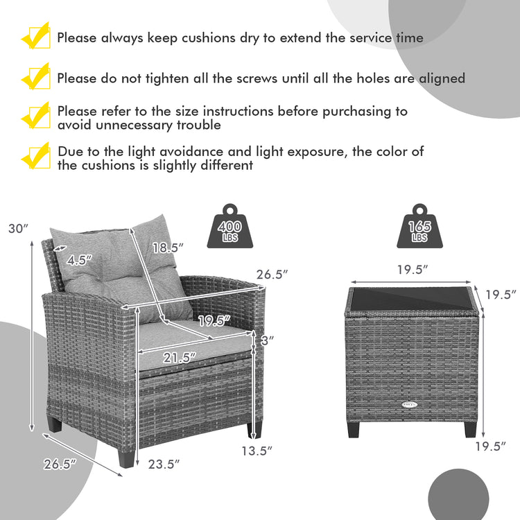 3 Piece Gray Rattan Cushioned Bistro Set