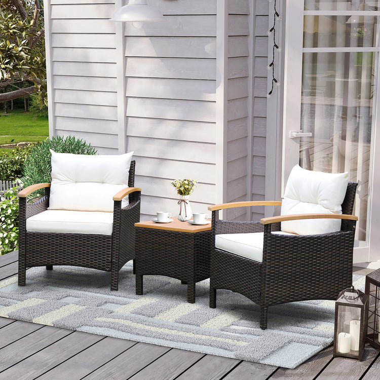 3 Piece Rattan Chair Set with Wooden Armrest and Table Top