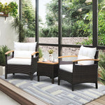 3 Piece Rattan Chair Set with Wooden Armrest and Table Top