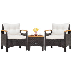 3 Piece Rattan Chair Set with Wooden Armrest and Table Top