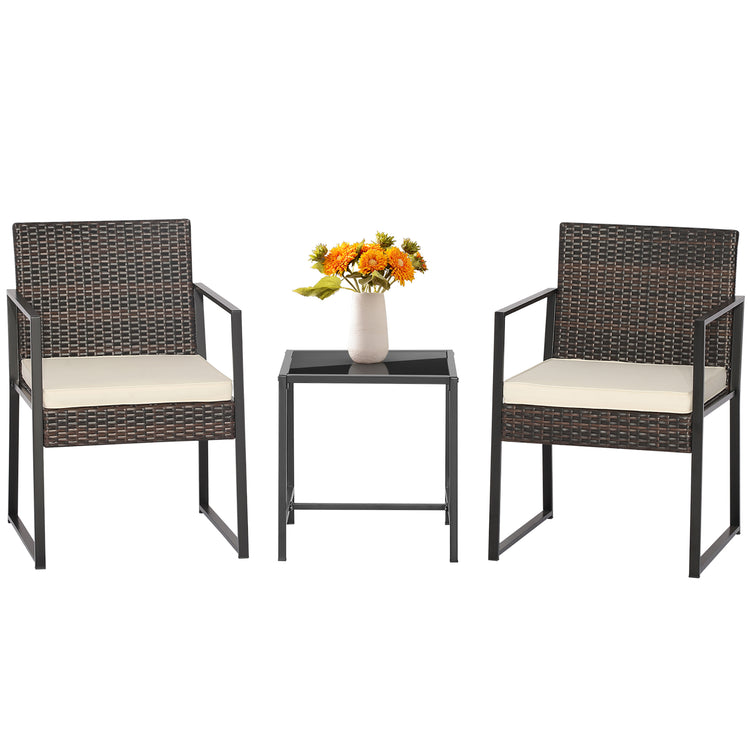 3 Piece Heavy Duty Cushioned Wicker Rattan Chairs and Table