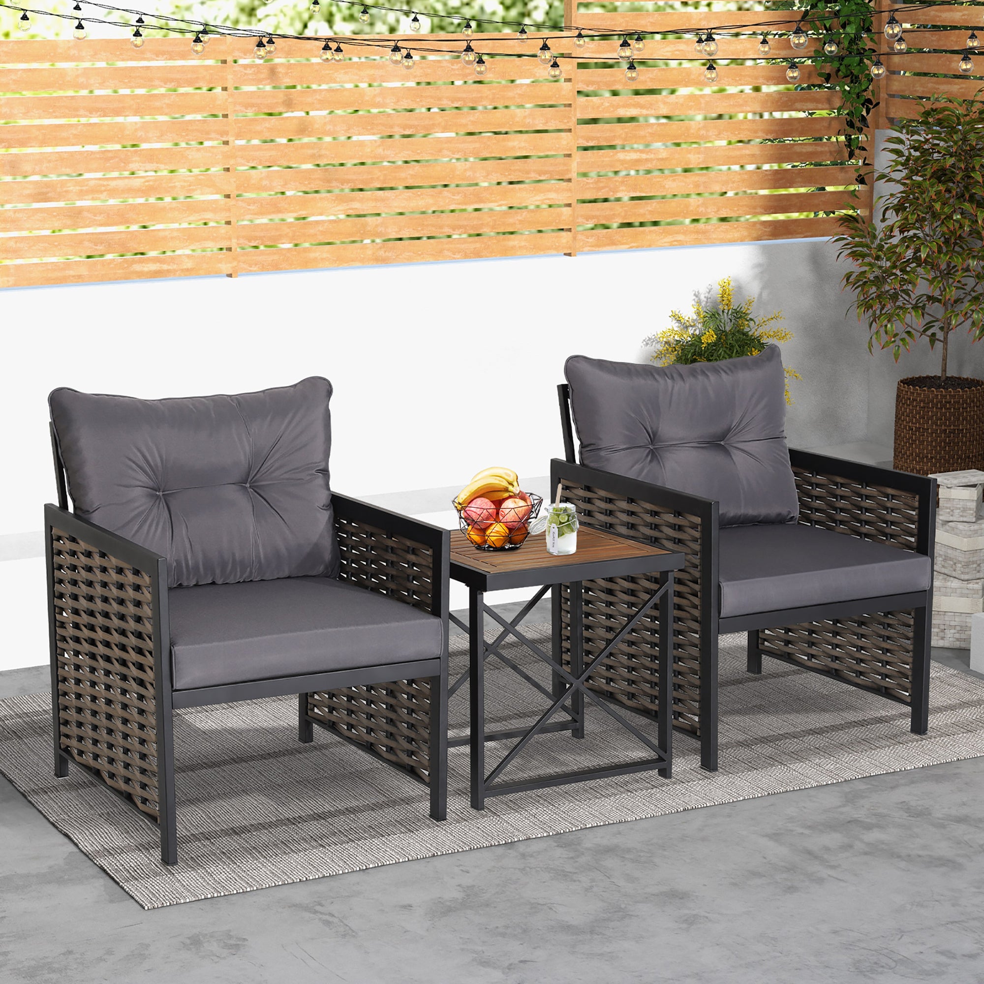  3 Piece Rattan & Acacia Wood Table & Chairs with Incline Backrest - Gray - Bonton