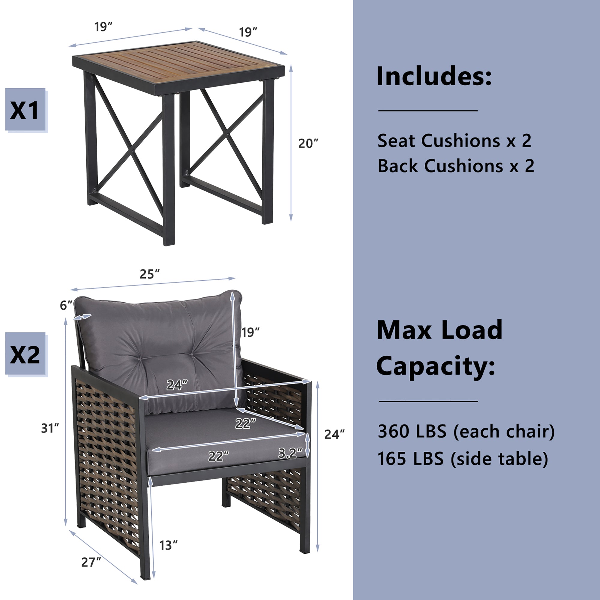  3 Piece Rattan & Acacia Wood Table & Chairs with Incline Backrest - Gray - Bonton