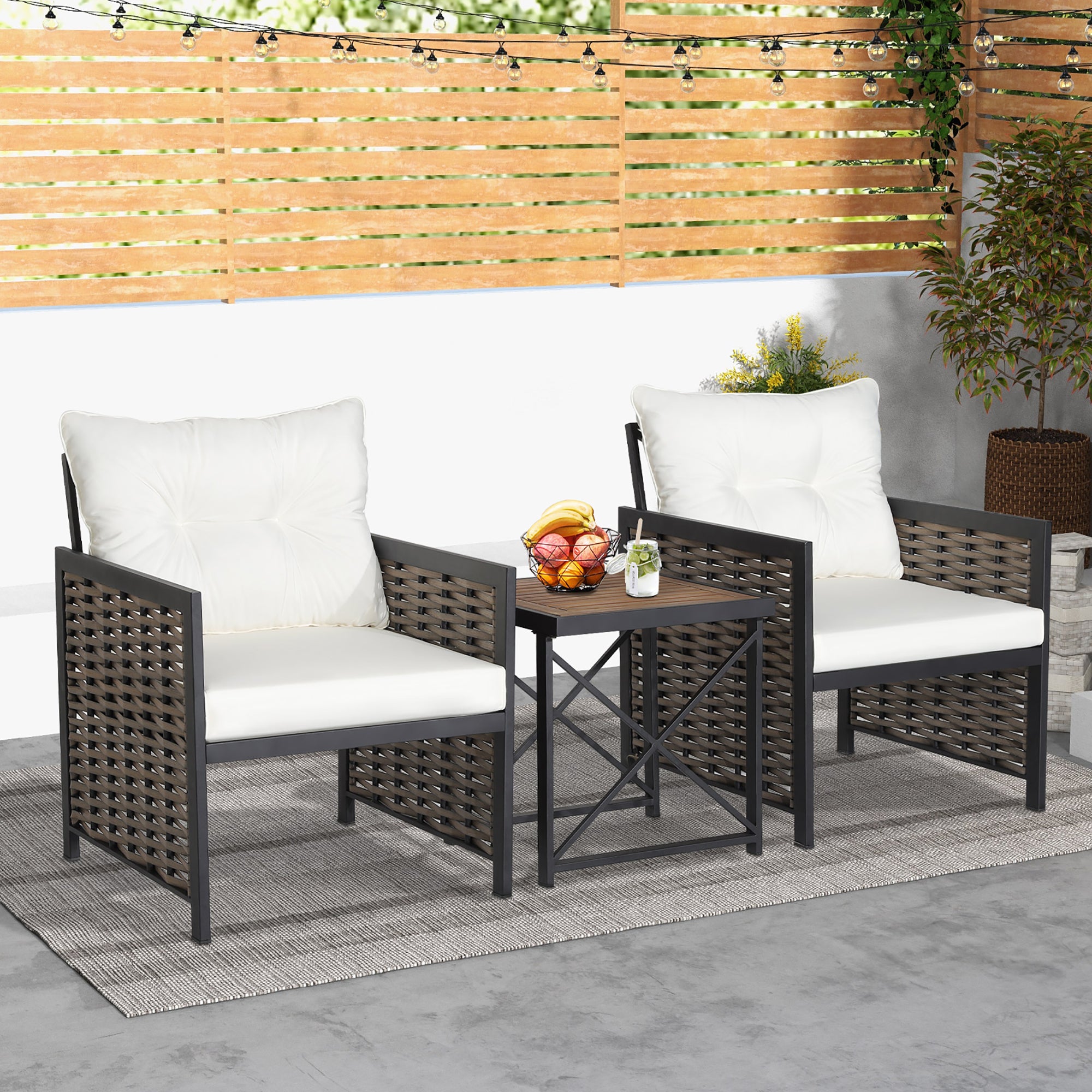  3 Piece Rattan & Acacia Wood Table & Chairs with Incline Backrest - Gray - Bonton