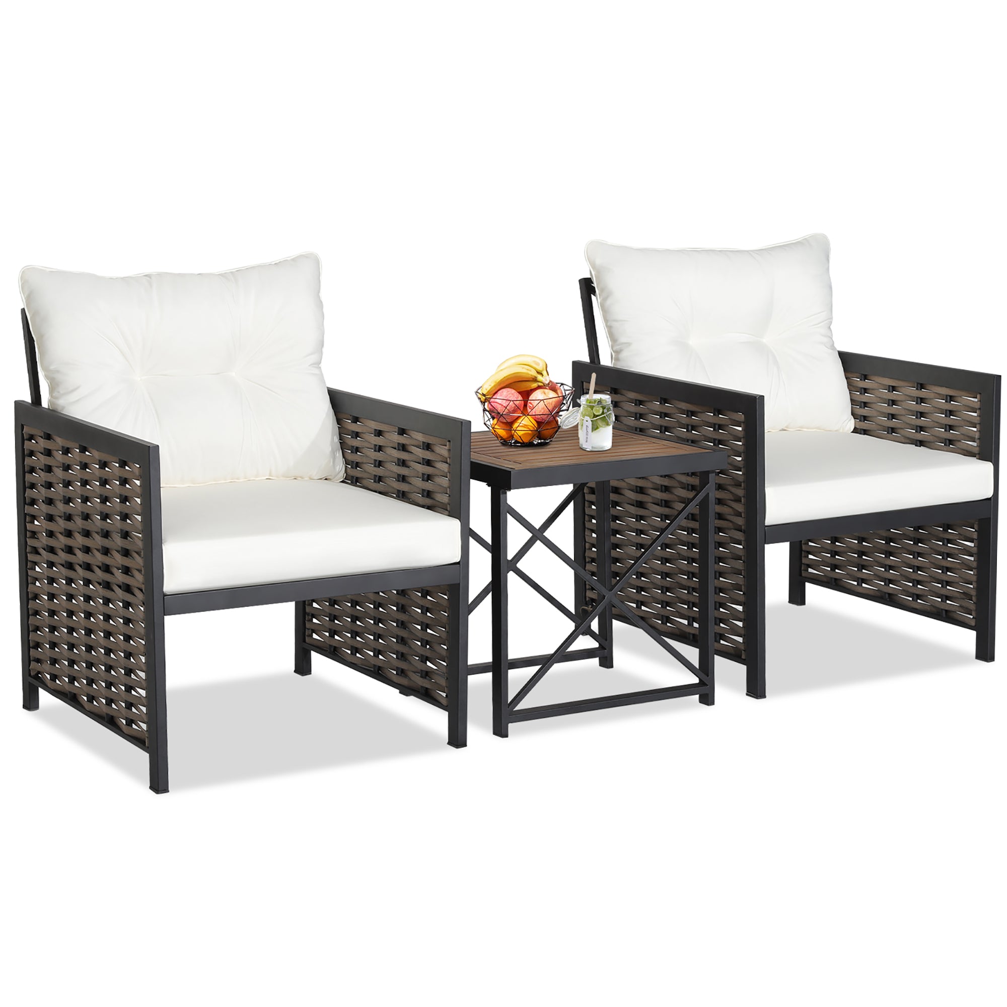  3 Piece Rattan & Acacia Wood Table & Chairs with Incline Backrest - Gray - Bonton