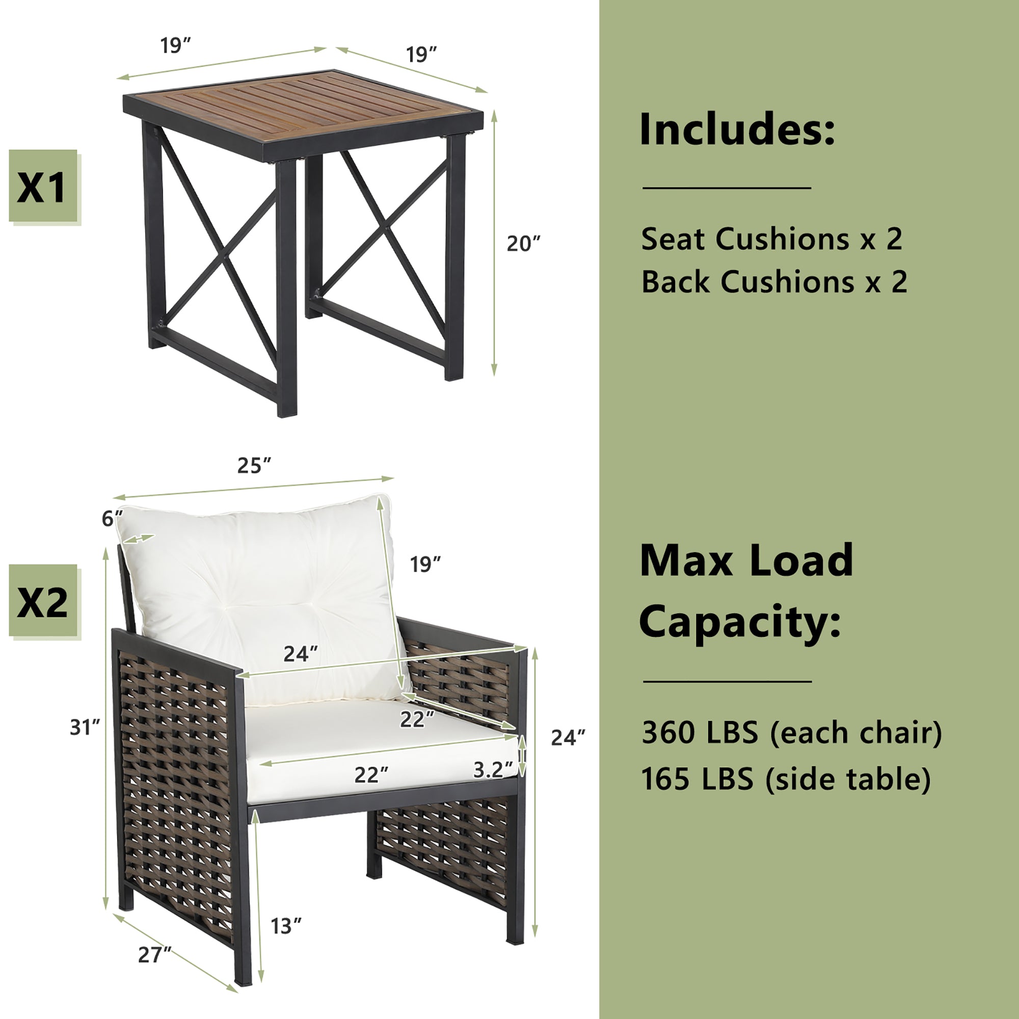  3 Piece Rattan & Acacia Wood Table & Chairs with Incline Backrest - Gray - Bonton