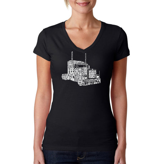 LA Pop Art Women's Word Art V-Neck T-Shirt - Keep On Truckin'