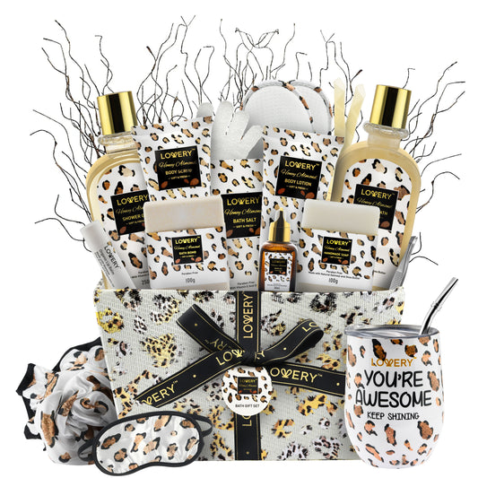 Home Spa Kit in Honey Almond Scent - Leopard Luxury Gift Basket - 21 Piecess