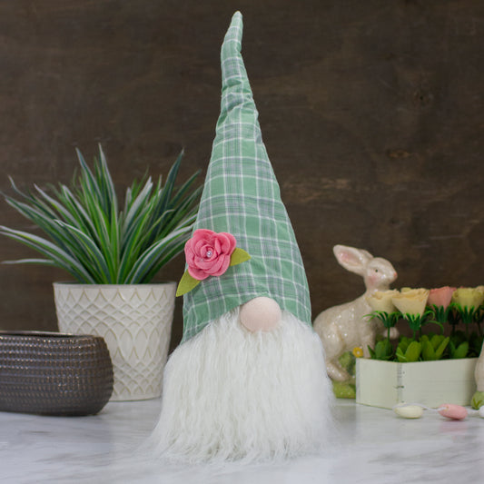 Green & White Plaid Spring Gnome Head Tabletop Décor, 20"