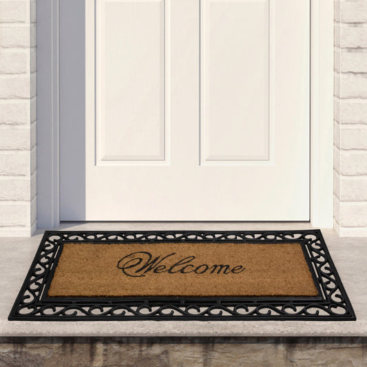 Black and Natural Coir Rectangular "Welcome" Doormat 22" x 48"
