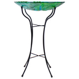 18" Colorful Dragonfly with Green Leaves Hand Painted Glass Outdoor Patio Birdbath
