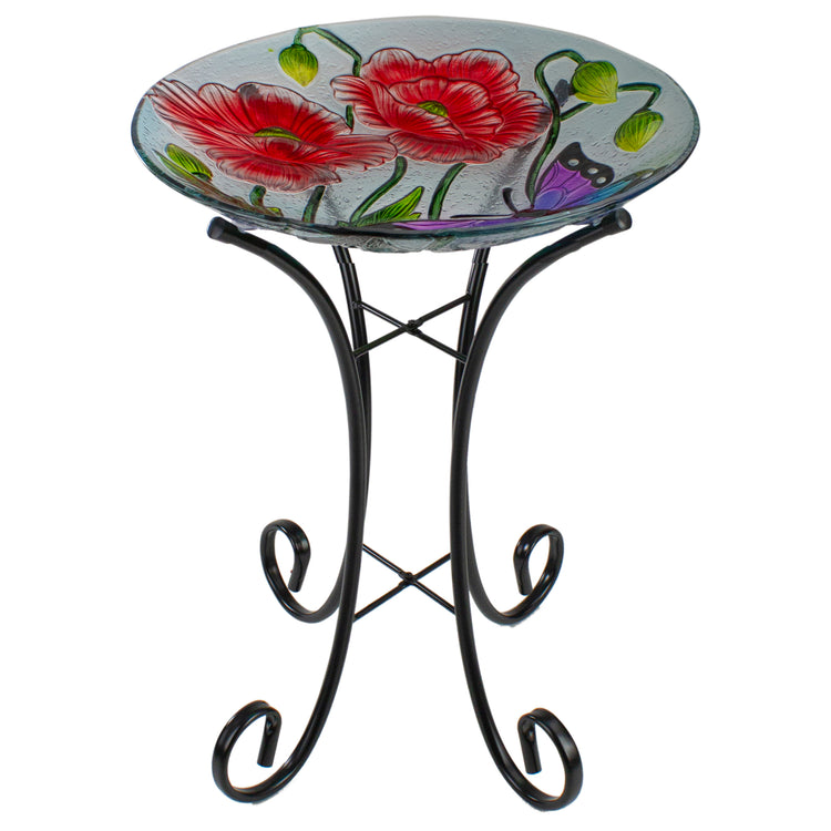 21" Butterfly and Carnations Hand Painted Glass Outdoor Birdbath