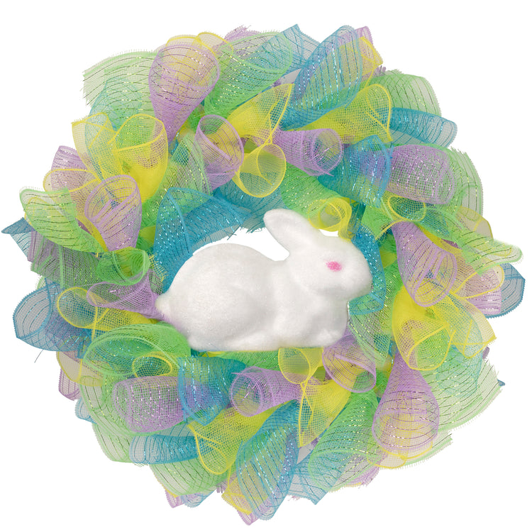 Colorful Deco Mesh Ribbon Easter Bunny Wreath 24"