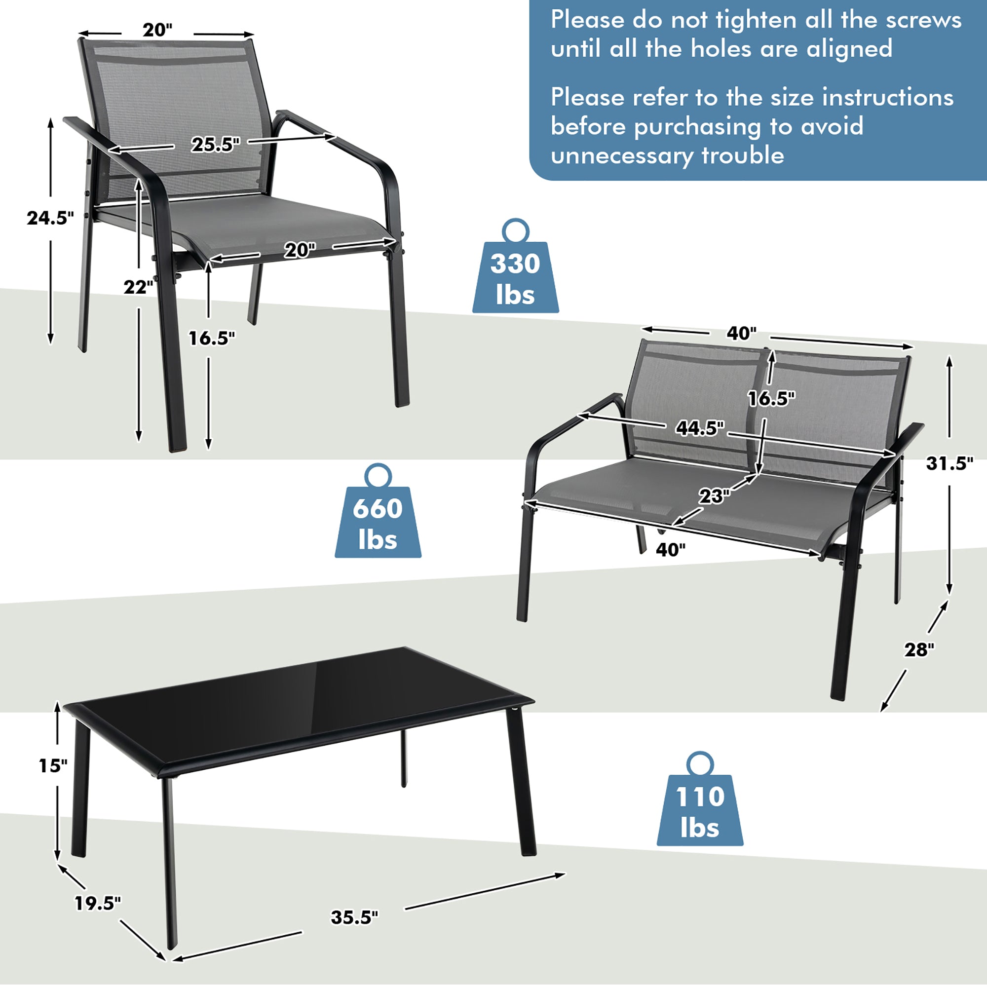  4 Piece Loveseat & Armchair Conversation set - Gray - Bonton