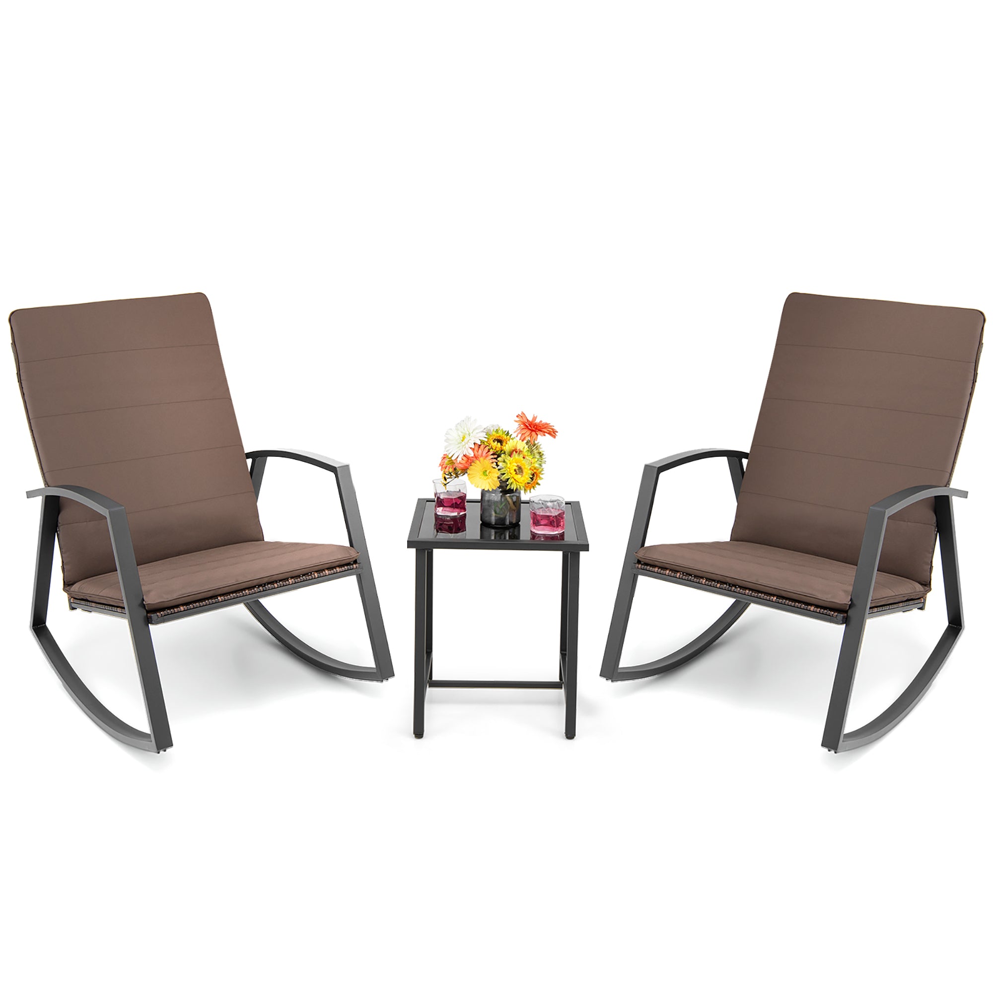  3 Piece Rattan & Metal Rocking Chair with Table Set - Gray - Bonton