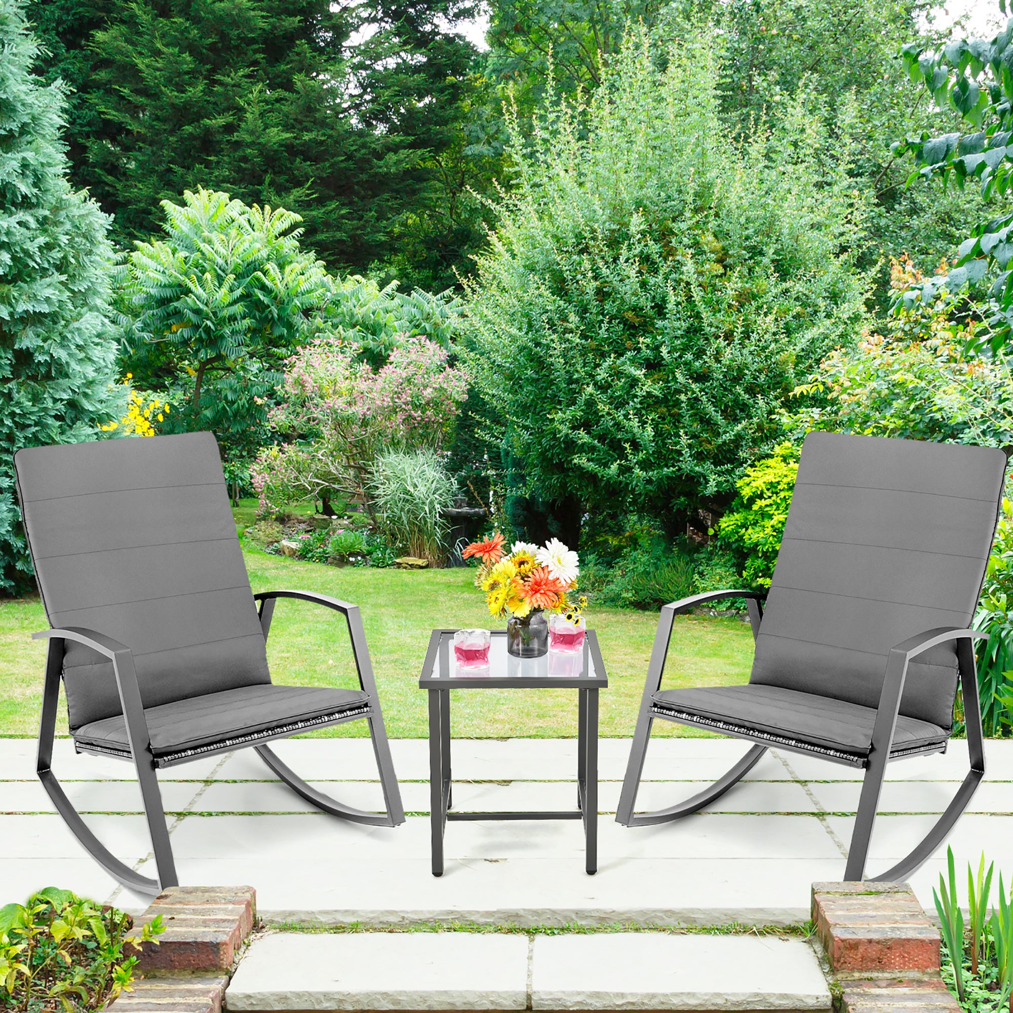  3 Piece Rattan & Metal Rocking Chair with Table Set - Gray - Bonton