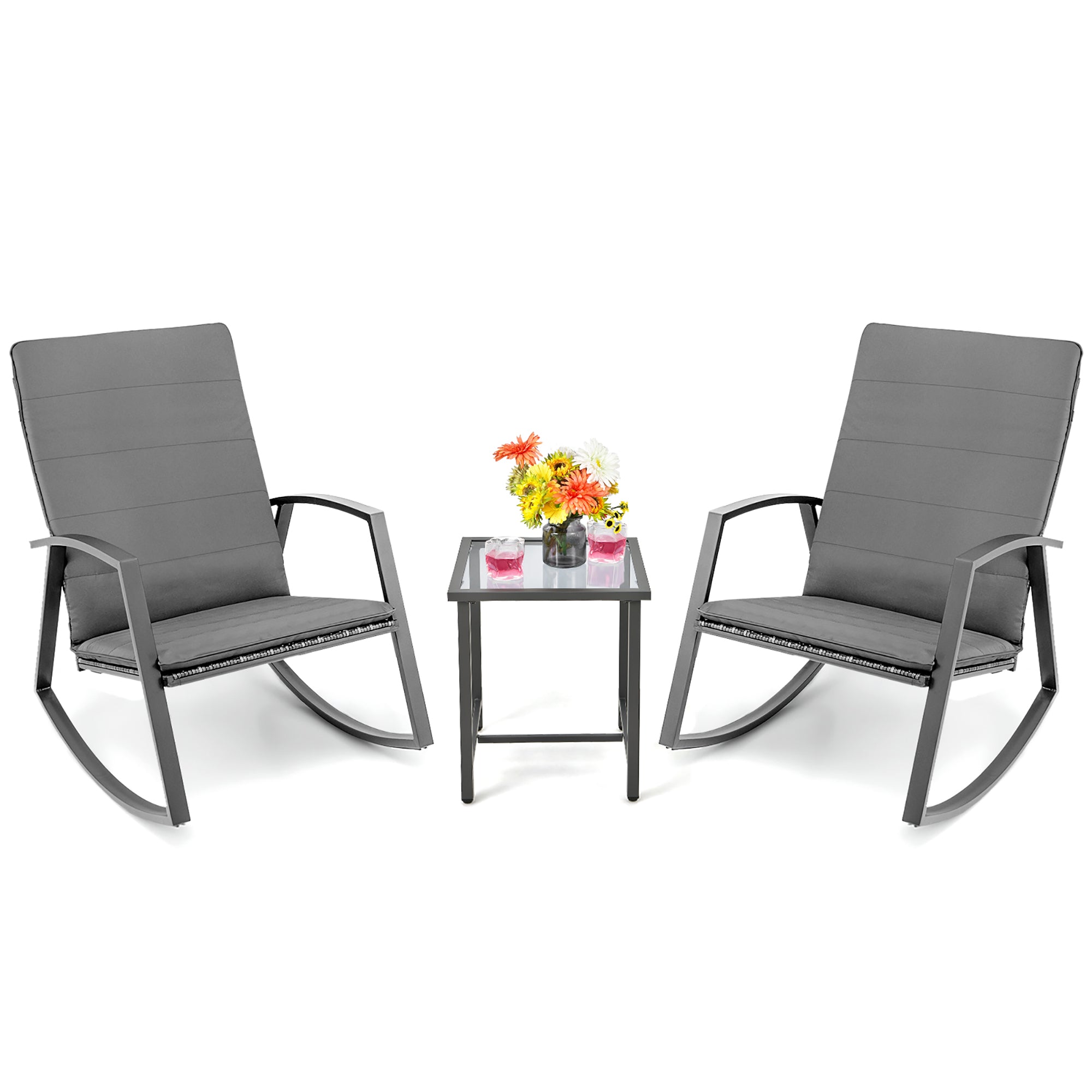  3 Piece Rattan & Metal Rocking Chair with Table Set - Gray - Bonton