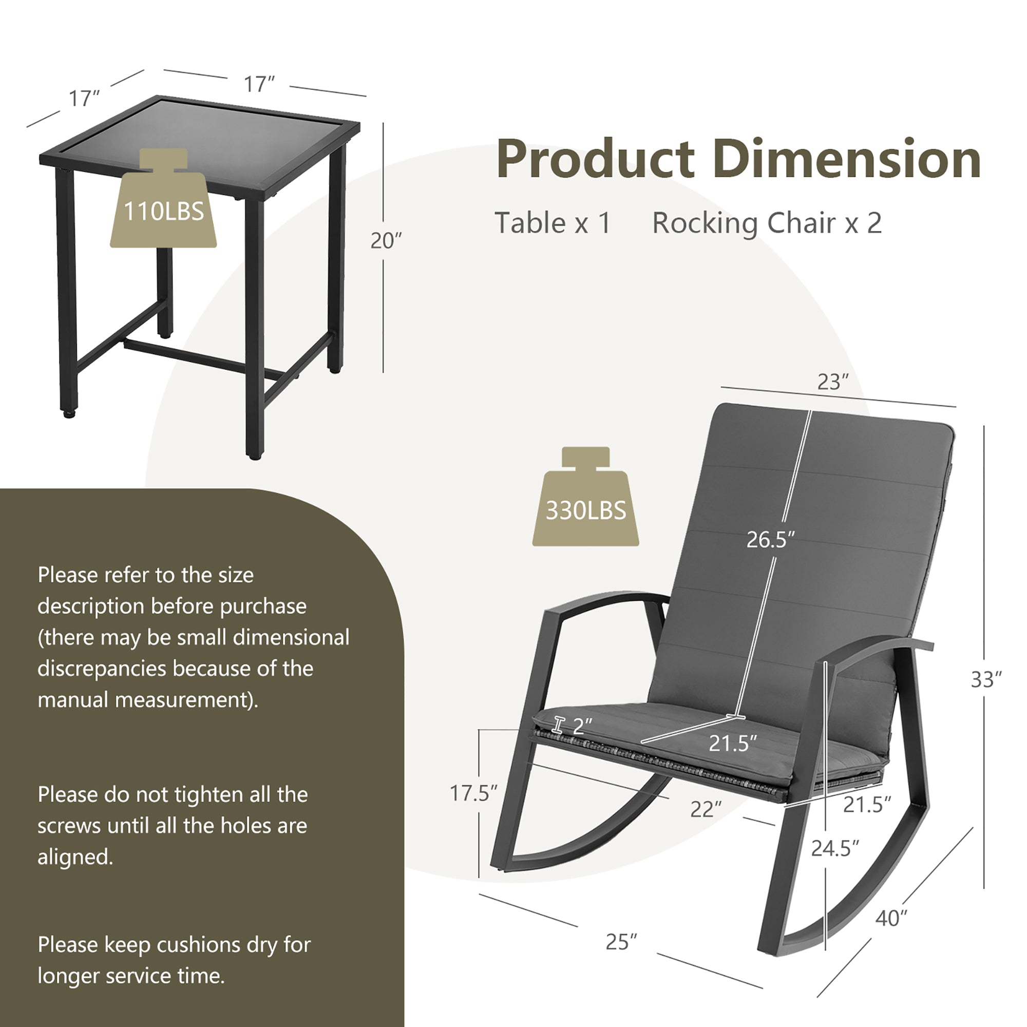  3 Piece Rattan & Metal Rocking Chair with Table Set - Gray - Bonton