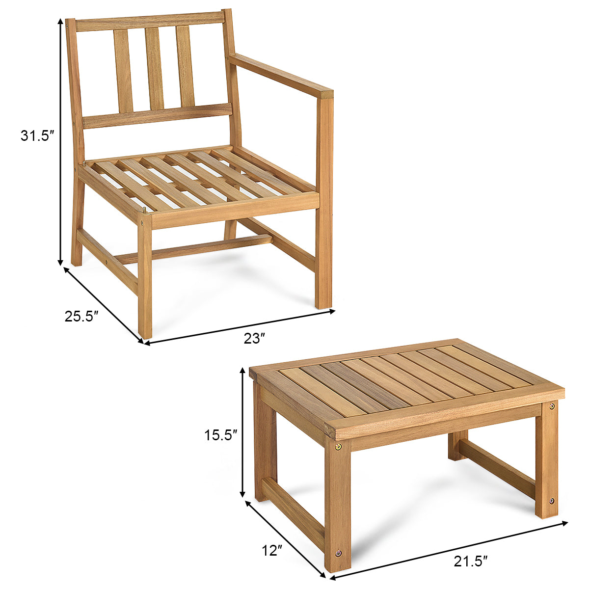  3 in 1 Patio Table Chairs Set Solid Wood Set - Natural Teak - Bonton