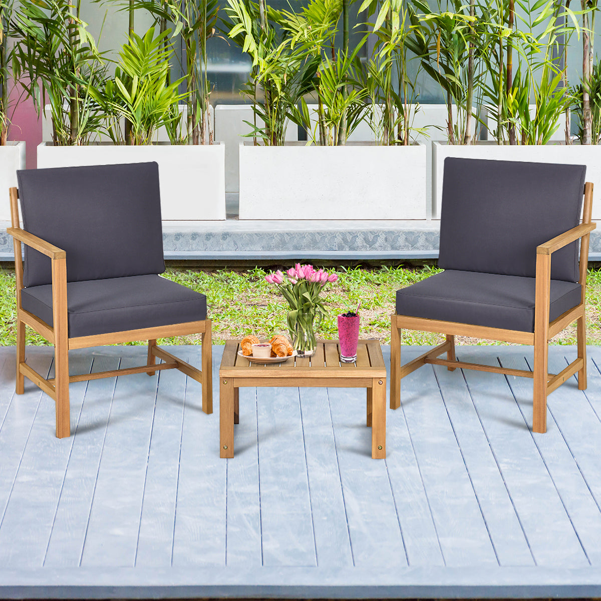  3 in 1 Patio Table Chairs Set Solid Wood Set - Natural Teak - Bonton