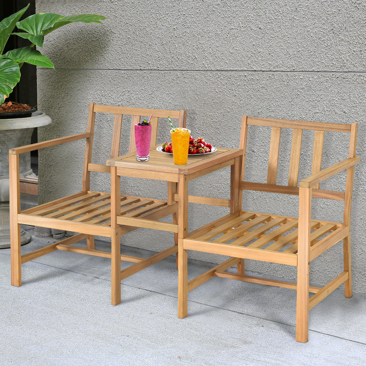  3 in 1 Patio Table Chairs Set Solid Wood Set - Natural Teak - Bonton