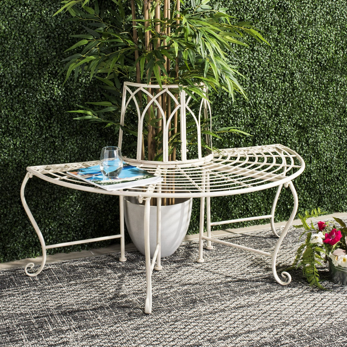  Safavieh Abia Wrought Iron Outdoor Tree Bench - Antique White - Bonton