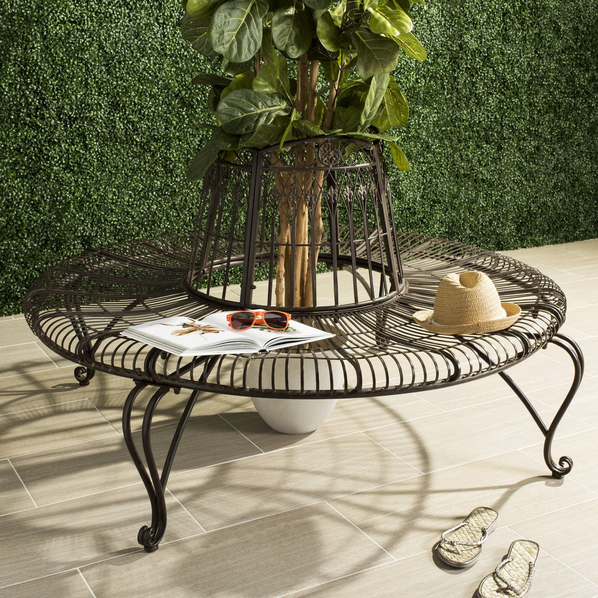  Safavieh Ally Darling Wrought Iron Outdoor Tree Bench - Rustic Brown - Bonton