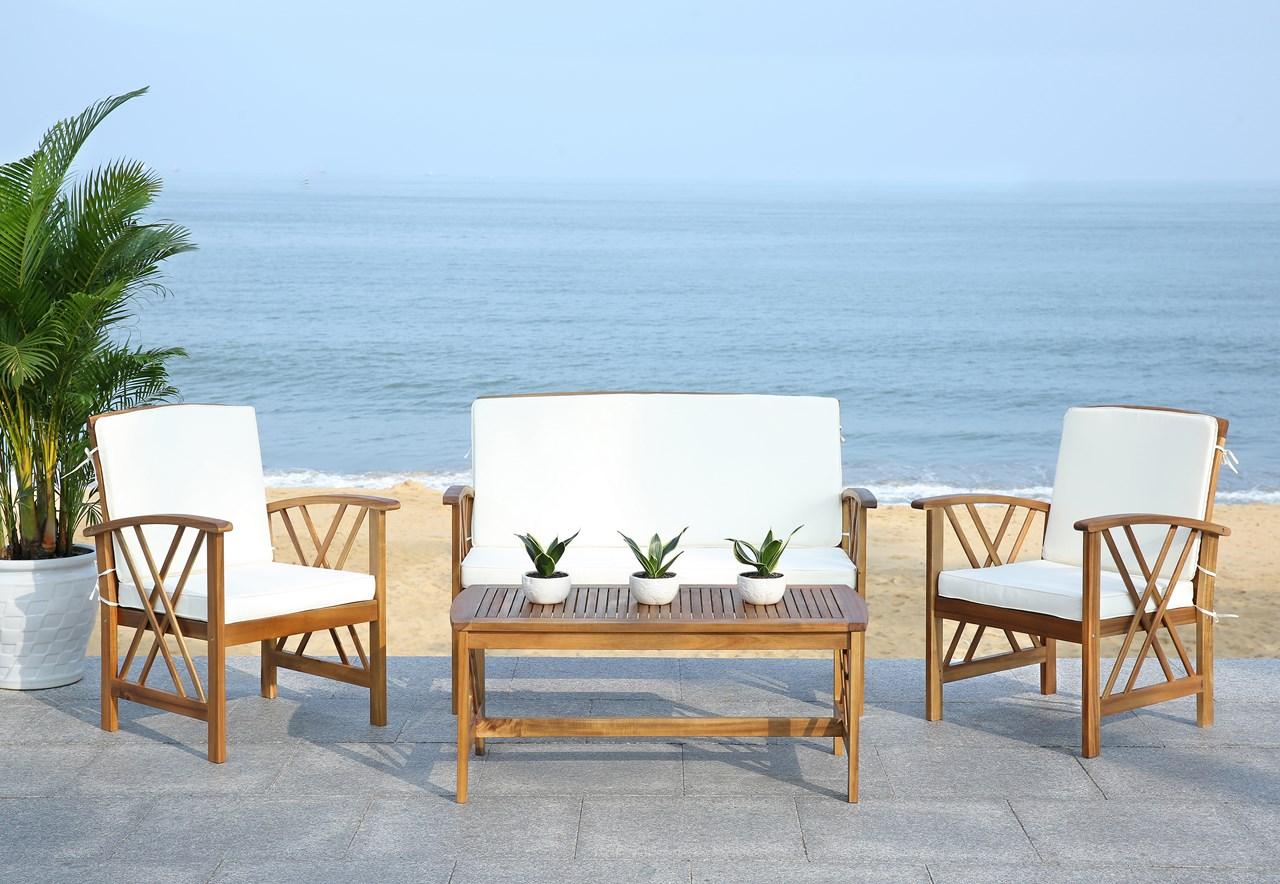  Safavieh Fontana 4 Piece Outdoor Set - Natural/Navy - Bonton