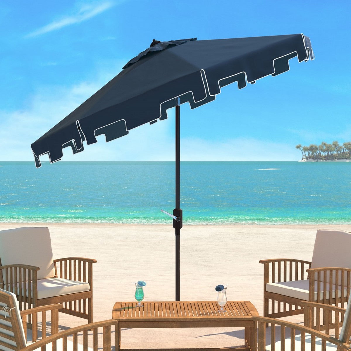  Safavieh Zimmerman UV Resistant Crank Market Push Button Tilt Umbrella With Flap - Black/White - Bonton