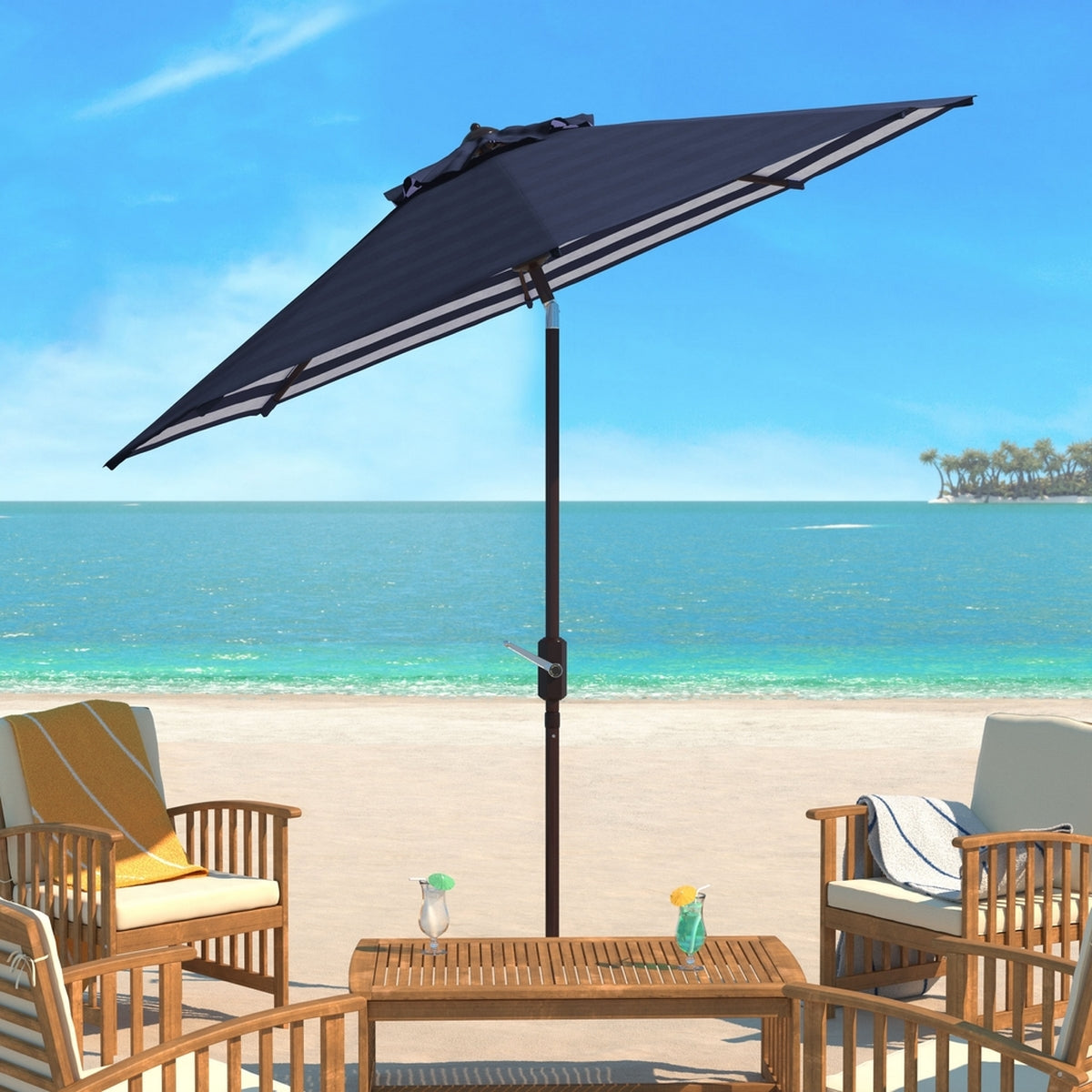  Safavieh Athens Inside Out Striped Crank Outdoor Auto Tilt Umbrella - Blue/White - Bonton