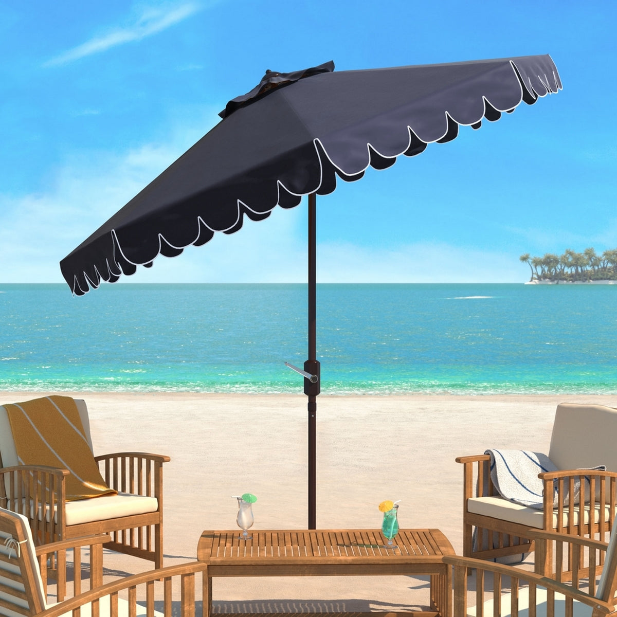  Safavieh Venice Single Scallop Crank Outdoor Push Button Tilt Umbrella - White/Black - Bonton