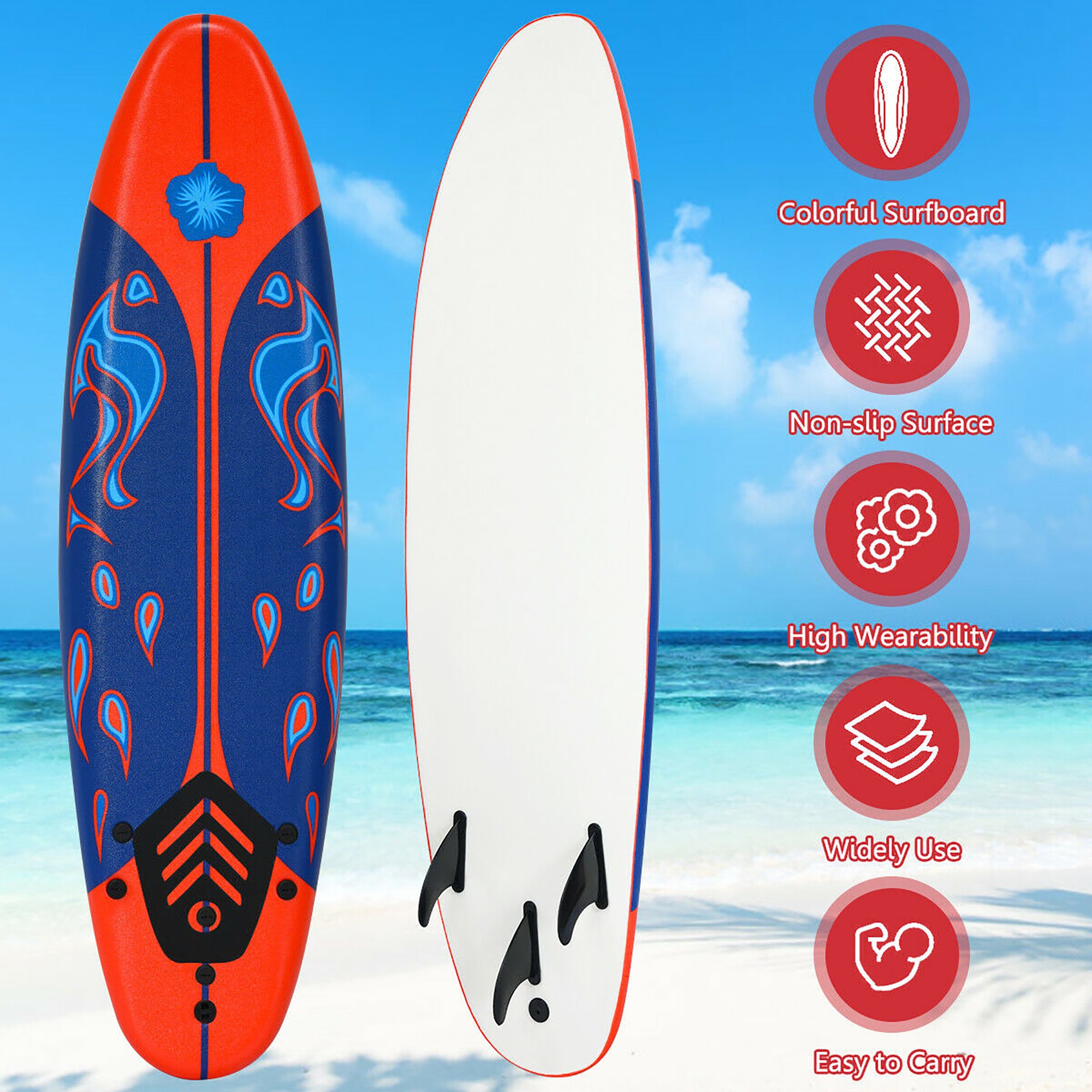  6' Surfboard Foamie Body Surfing Board With 3 Fins & Leash For Kids Adults - Red - Bonton