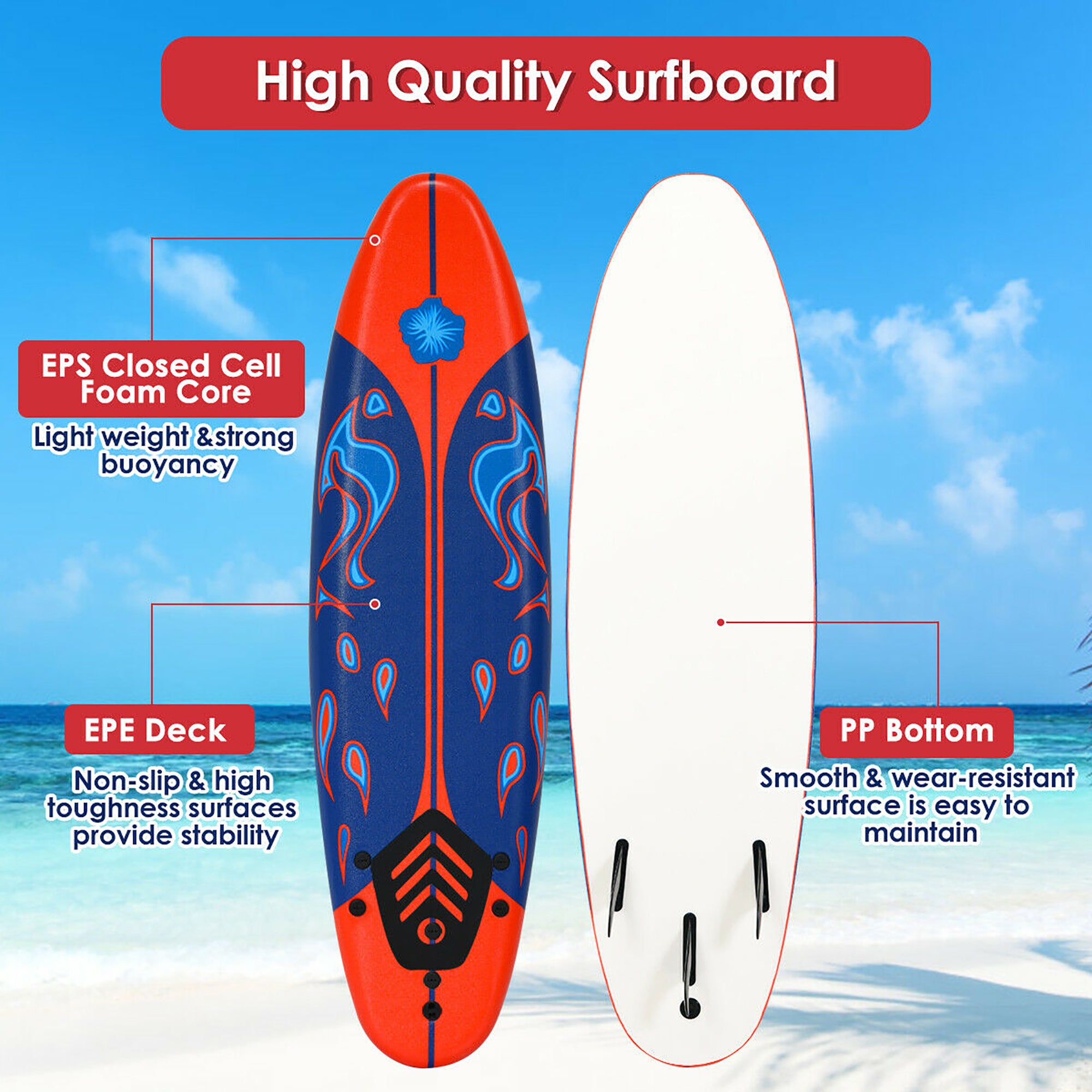  6' Surfboard Foamie Body Surfing Board With 3 Fins & Leash For Kids Adults - Red - Bonton