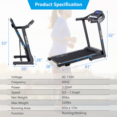 2.25 Horsepower Folding Treadmill Electric Motorized Power Running Fitness Machine