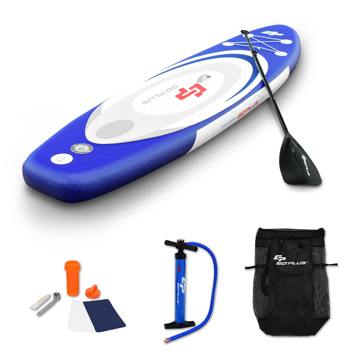  11' Inflatable Stand Up Paddle Board Surfboard Sup With Bag Adjustable Paddle Fin - Blue and white - Bonton