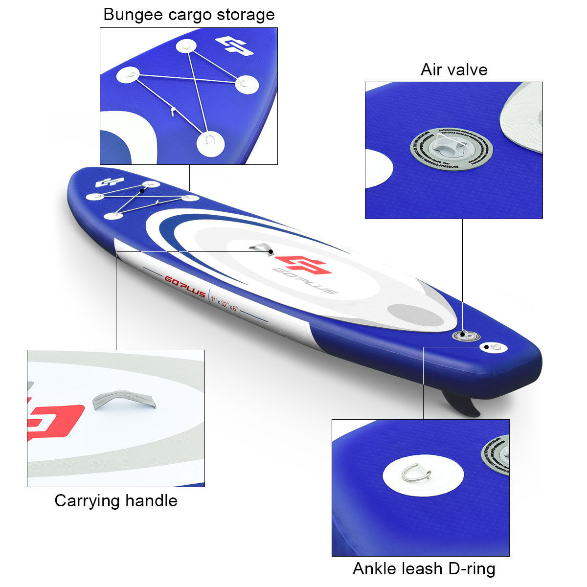  11' Inflatable Stand Up Paddle Board Surfboard Sup With Bag Adjustable Paddle Fin - Blue and white - Bonton