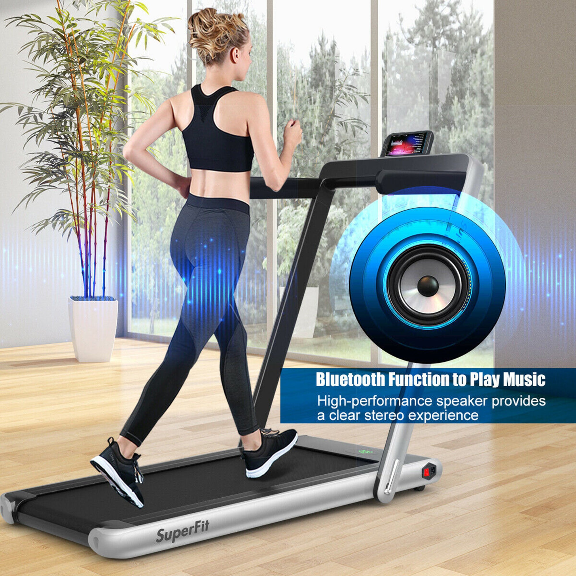  2.25 Horsepower 2 in 1 Folding Treadmill with  APPSpeaker Remote Control - Blue - Bonton