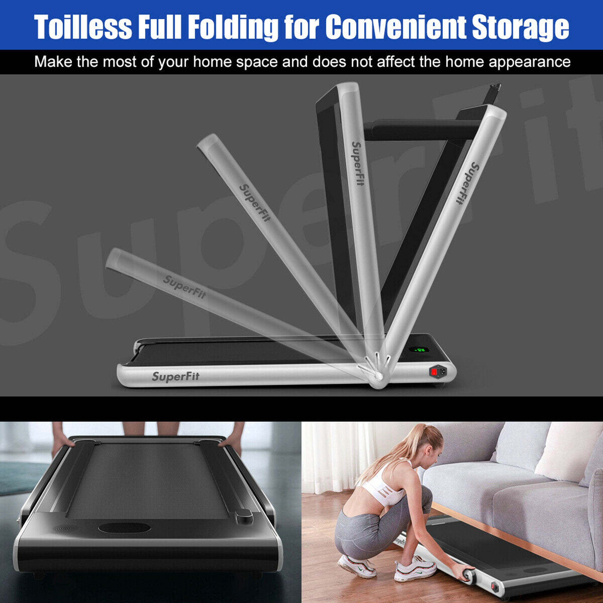  2.25 Horsepower 2 in 1 Folding Treadmill with  APPSpeaker Remote Control - Silver - Bonton