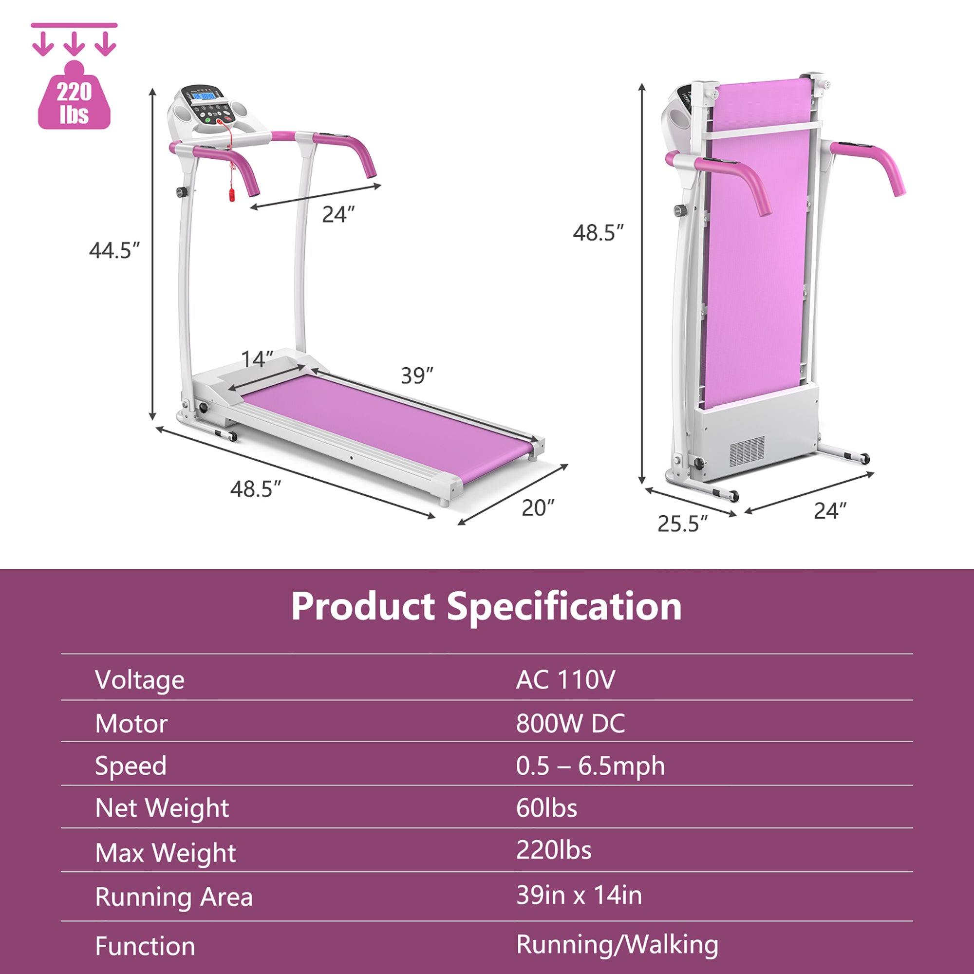  800W Folding Treadmill Electric /Support Motorized Power Running Fitness Machine - Pink - Bonton