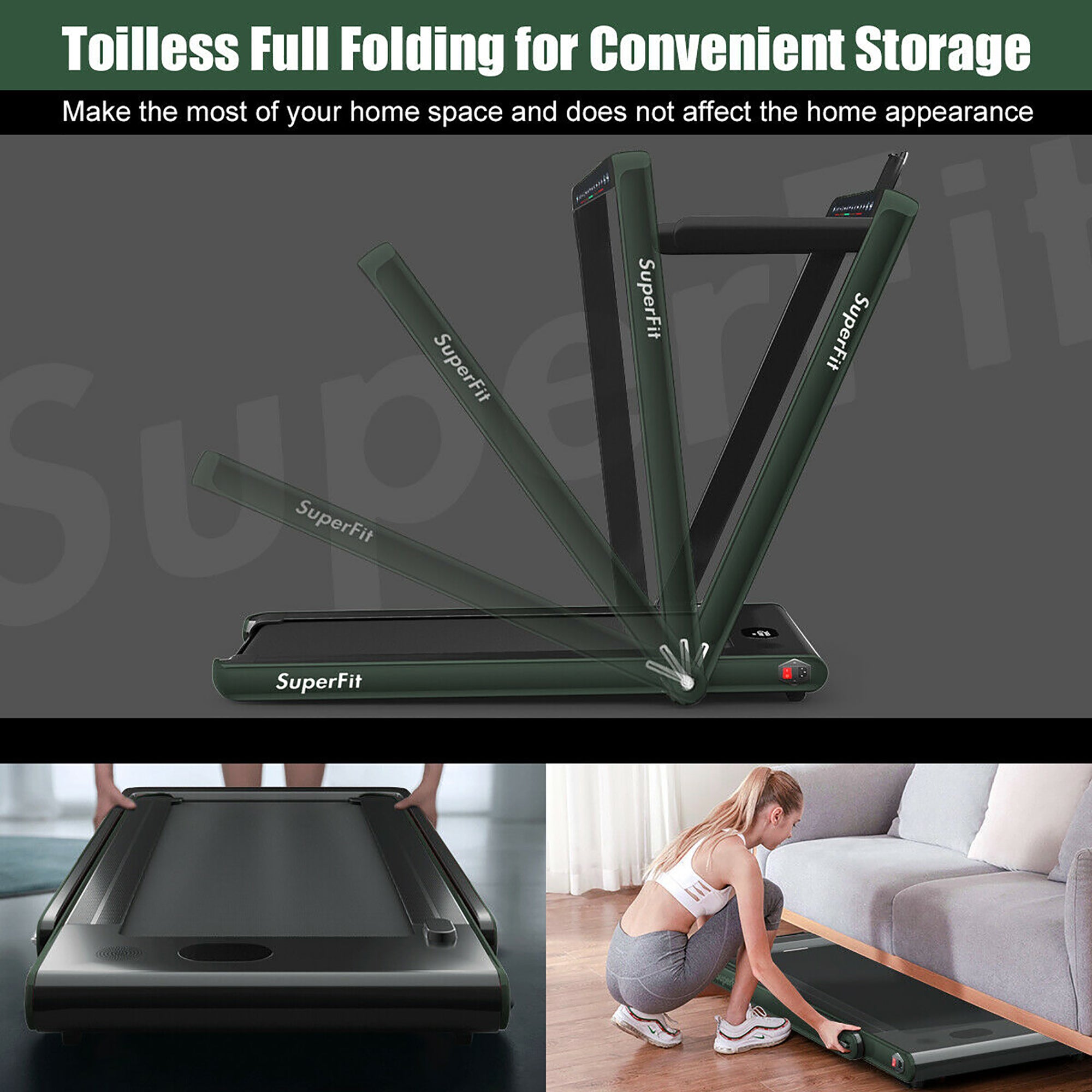  2.25 Horsepower 2 in 1 Folding Treadmill with  APP Speaker Remote Control - Green - Bonton