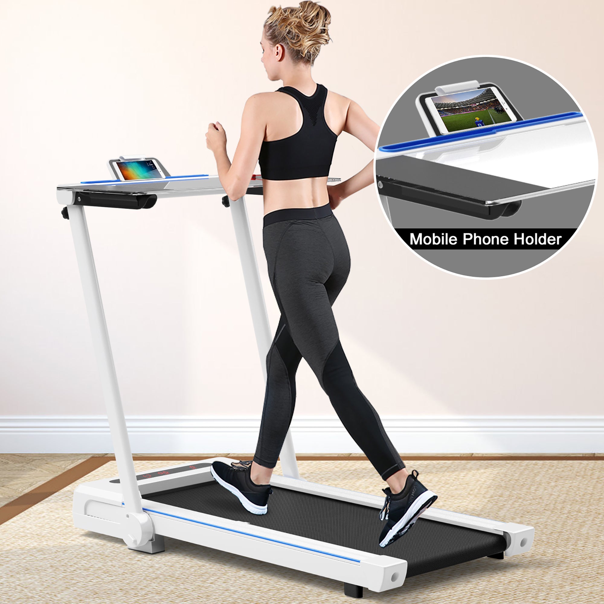  2.25 Horsepower 3-in-1 Folding Treadmill with Table Speaker Remote Home Office - White - Bonton